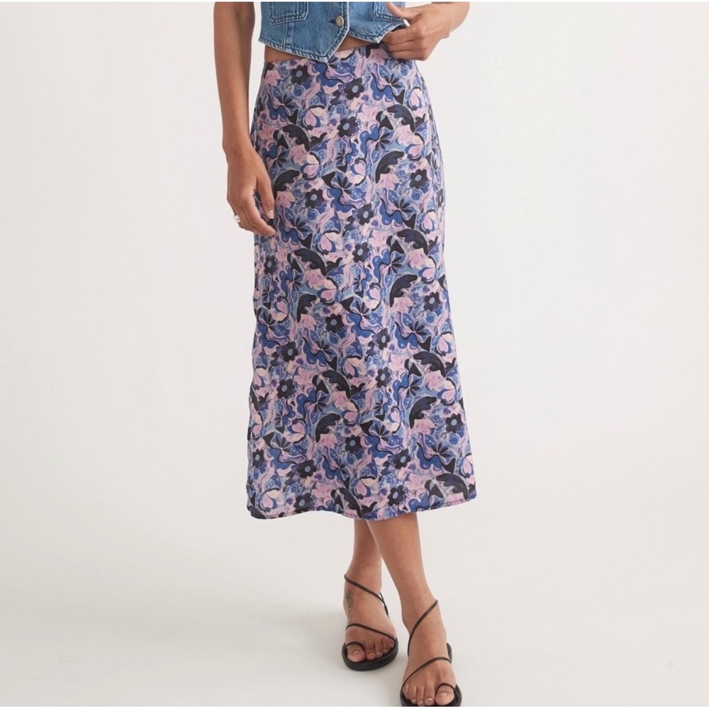 Marine Layer Floral Midi Skirt Blue Pink‎ Tencel Lyocell Side Slit Size 4